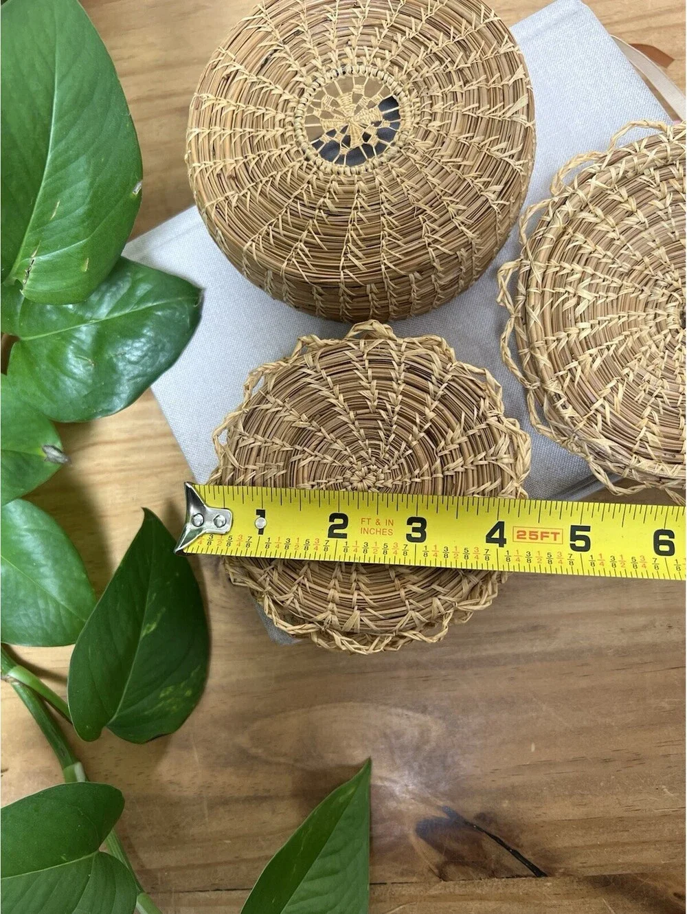 5 Vintage Woven Pine Needle Coasters and Basket with Lid Set Boho Southwest